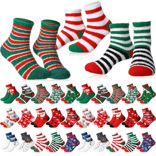 Geyoga 30 Pairs Christmas Fuzzy Cotton Socks Bulk for Women Cozy Fluffy Winter Warm Slipper Xmas Holiday Gifts for Adult Men