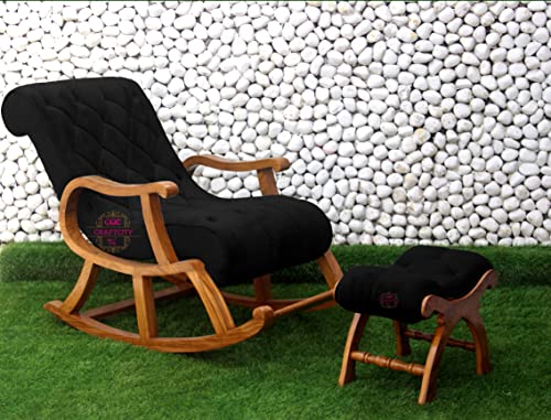 Image of CRAFTCITY Sheesham Wood Elegant Rocking Chair with Pillow and Matching Foot Stool /Living Room Chair /Rose Wood Rocking Chair /Single Seater Sofa with Footrest,Pre-Assembled (Black)