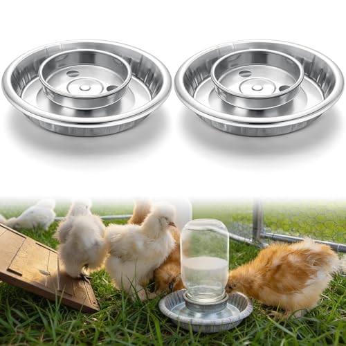 Potchen 2 Pcs Baby Chick Feeder and Waterer Base Galvanized Steel Feeding Tray with 8 Holes 1 Quart Compatible with Mason Jars & Standard Jars for Small Birds Chicks(Waterer)
