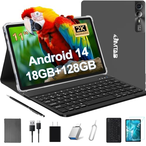 JIMTAB 2K Vivid Tablet, Smooth HD 4K Video 11" Android 14 Tablets, 18GB+128GB Octa Core Gaming Tablet, 3 Camera, Large 9000mAh, Hi-Res Stereo 4 Speakers, Split Screen, Face Recognition (Dark Gray)