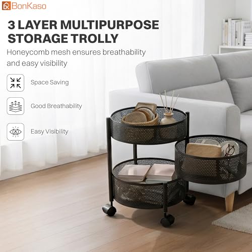Image of BonKaso 3-Layer Round Multipurpose Kitchen Trolley with Swivel Storage Basket & 360 Rotating Wheels, Black Steel Frame, Easy Mobility, Space-Saving and Durable