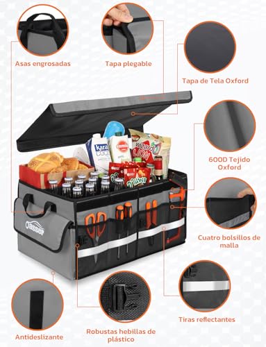 Oasser Organizador Maletero Coche Organizador de Coche para Almacenamiento Plegable Impermeable y Base Antideslizante Tapa Desmontable Gris E3A - imagen 2