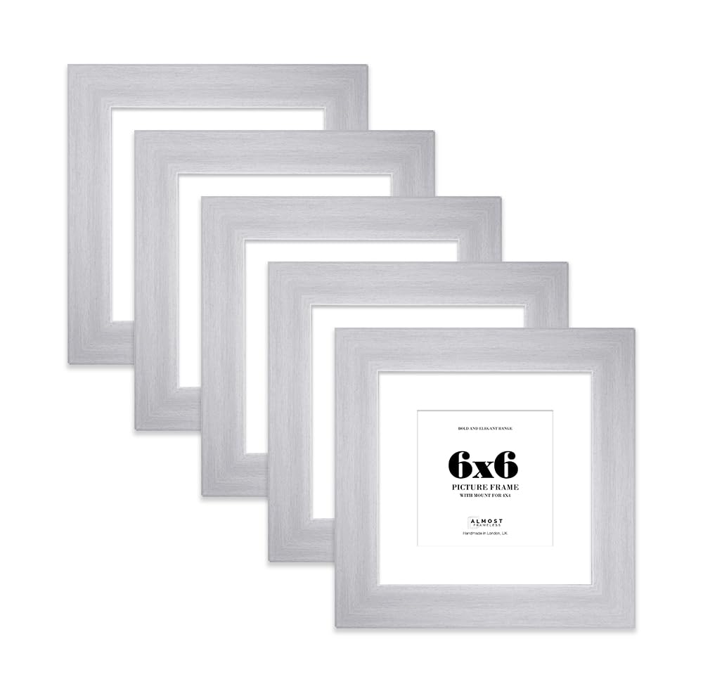 6x6" Silver Square Frame With Mount for 4x4" Pictures 28mm Edge Frame Display with Wall Hooks and Kickstand, 5 Pack