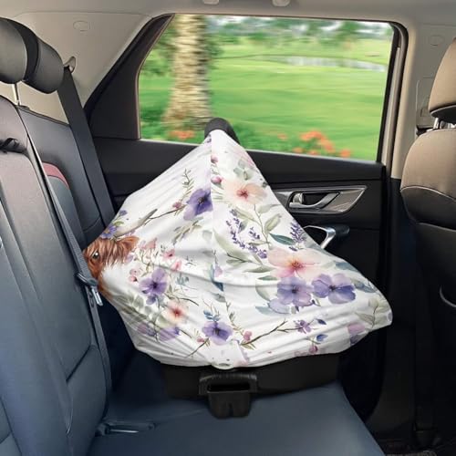 Image of Wanyint Highland Cow Floral Violet Car Seat Covers Baby Car Canopy Shopping Cart Cover Scarf Lightweight Stroller Cover Women Mother Nursing Breastfeeding Covers