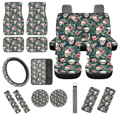 Jiquruby Pink Flower Skull Car Seat Cover Full Set Auto