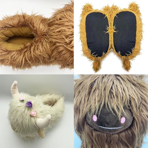 Highland Cow Slippers, Cute Plush Cow Slippers For Women Adult, Cartoon Fluffy Fur Animal Scottish Cattle Slippers2