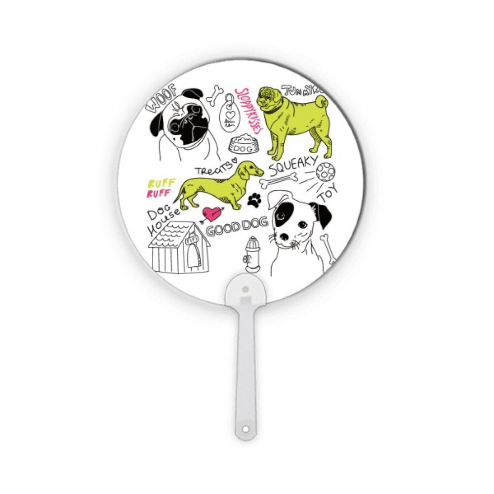 Éventail rond en plastique imprimé chien de dessin animé beige
