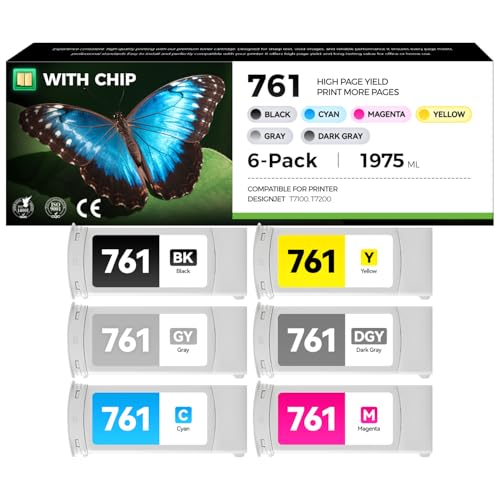 Image of 761 Ink Cartridge Set 6-Pack Compatible Replacement for HP 761 Ink CM997A CM992A CM993A CM994A CM995A CM996A Designjet T7100 T7200 Printer(Matte Black 775-ml+Yellow /Magenta /Cyan /Gray /Dark Gray 400-ml)