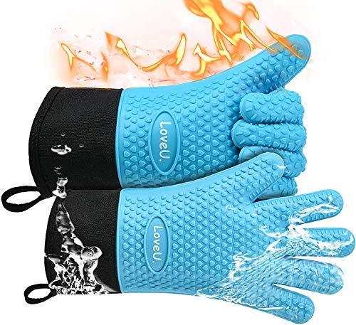 Image of Kitchen Oven Gloves - Dual-Layer Heat Resistant Grilling Gloves, Silicone Oven Mitts with 5 Fingers, Waterproof Non-Slip Pot Holder for Barbecue, Cooking, Baking (Blue, Long)