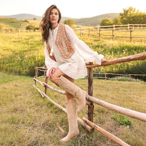 Image of wetkiss Cowboy Boots Womens Knee High Cowgirl Boots Embroidered Pointed Toe | Cowgirl Boots, Retro Embroidery, Block Heel, Stable and Comfortable, Pull-On, Style for a Classic Vintage Western Look