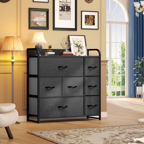 DWVO 7 Drawers Dresser, Organizer Unit for Bedroom, Fabric Dresser Storage Tower for Hallway, Entryway, Closets, Sturdy Steel Frame, Wooden Top