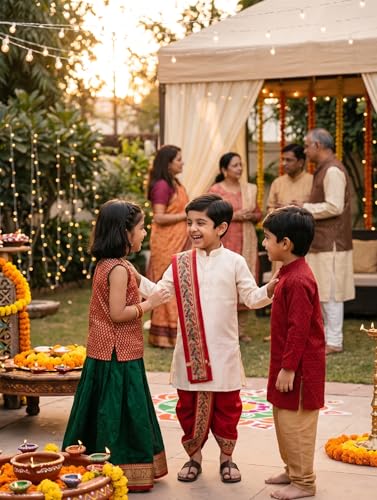 Image of Boys Dhoti Kurta Set Sherwani Style for Kids | Ethnic Traditional Kids Wear with Patiala Dhoti & Dupatta | Wedding Dress for Boys | Indian Cultural Outfit for Puja Festival Party