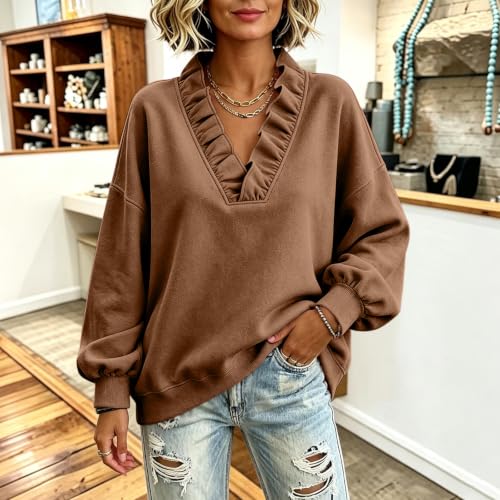 Oversized Sweatshirts for Women V Neck Ruffle Fleece Sweatshirt Fall - image 3