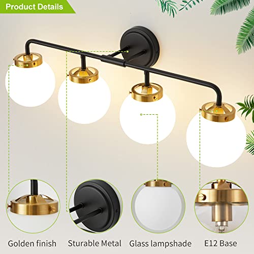 Image of Bathroom Light Fixtures 30.7in 4-Light Black Gold Vanity Lights for Mirror | Bathroom Lighting Fixtures over Mirror, ETL, Brushed Brass Wall Sconce, Dimmable E12 Base Max 60W, Milky Glass Ball Shades