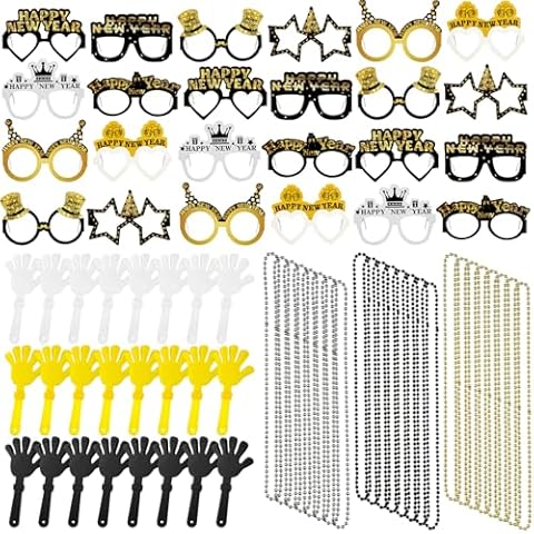 VioraWhite 96 Pieces 2025 New Year's Eve Party Supplies Includes 24 Happy New Year Glasses 48 Bead Necklaces and 24 Hand Clapper Noisemaker 2025 New Year Decorations for New Year Party Favors Cover