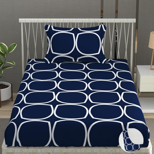 Image of Vram Premium Heavy Cotton Elastic Fitted Bedsheets with 1 King Size Pillow Covers || Single Bed with All Around Elastic 350 TC || 36 x 78 x 6 Inch Single Size Fitted || :- Blue Round