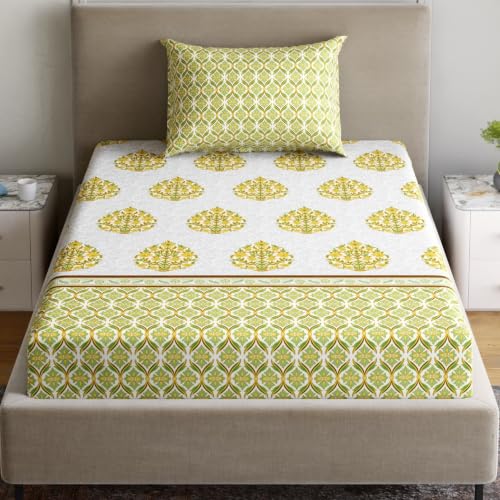Image of Home Ecstasy 100% Cotton Single Bedsheet with 1 Pillow Cover - (Size 59 x 87 inches, 140 TC, Colour - Green)