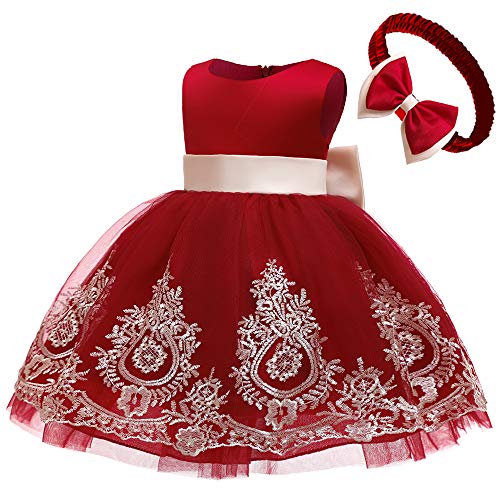 Image of CMMCHAAH 0-6T Baby Girls Pageant Lace Embroidery Dresses Toddler Party Bowknot Tutu Gown Dress with Headwear