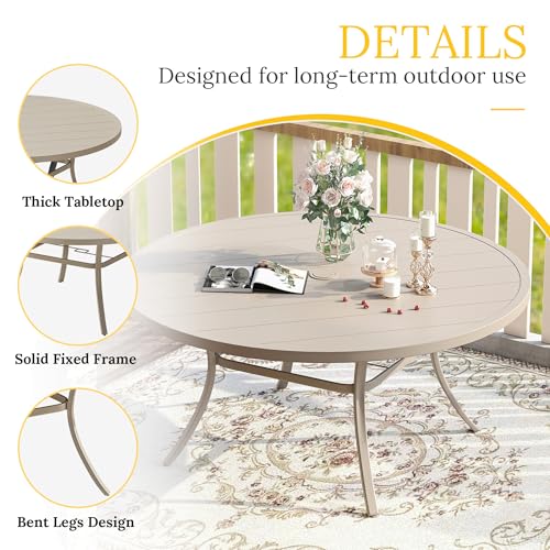 Image of VICLLAX 63 inch Outdoor Round Patio Table with Umbrella Hole, All Weather Metal Round Outdoor Dining Table for Lawn Garden, 8-10 Person Table, Sandshell