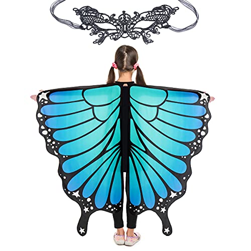 MAGIFIRE Butterfly Wings Costume - Bluish Green, Ages 3-15 - Comfortable Polyester Wings Shawl for Kids With Soft Finger Loops & Mask - Lightweight Wrinkle-Resistant Cape