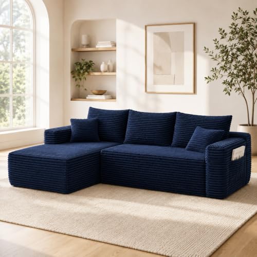 Image of 96 inch Boneless Couch, Modular L-Shaped Cloud Sectional Sofa, Blue