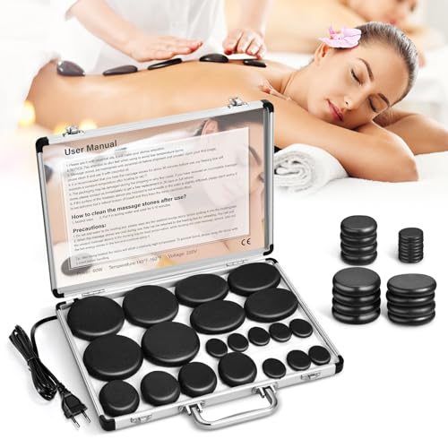 Hot Stone Set de masaje de piedras de basalto con caja térmica portátil, dispositivo de calor de piedra caliente para uso doméstico, terapia de masaje, spa, relajación (20)