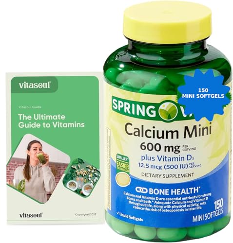 Calcium 600mg Plus Vitamin D3, 150 Mini Softgels (1 Pack) Easy to Swallow, Small Calcium Carbonate Softgels, Calcium Supplement Bundle with Exclusive Vitasoul Vitamin Guide