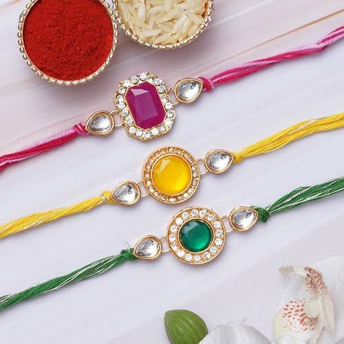 Image of eCraftIndia Set of 3 Multicolor Semi Precious Designer Rakhis for Brother Bhaiya Bhai | Roli Chawal Pack