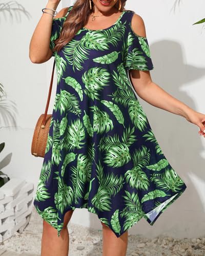 Image of Pinup Fashion Plus Size Summer Sundress Casual Flowy Cold Shoulder Dress