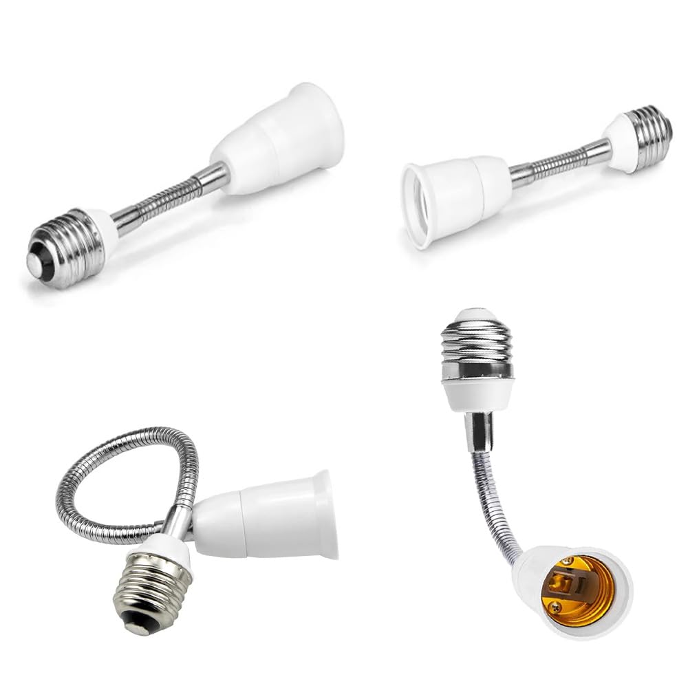 E26/E27 Light Socket Extender Adapter, 25cm/9.8 inch Light Bulb Extension,E26 to E26 Flexible Extension,360° Bendable Adjustable Standard E26/E27 Bulb Screw Base Extender Adapte,White (2 Pack)