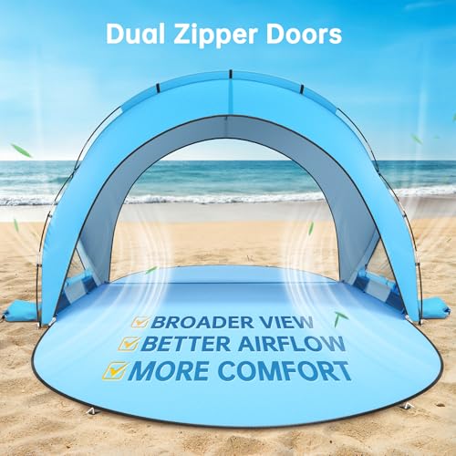 Image of Raynesys Beach Tent Sun Shelter for Sand Camping Fishing, 1-4 Person, Blue | Beach Shade Tent with UPF50+ UV Protection, Portable Sun Shelter, Shade Tents with 2 Zippered Doors