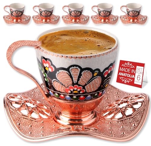 3 oz Set of 6 Turkish Coffee Cup, Handmade Wavy Design Saucers and Cup Holders | 18 Pcs Elegant Rosegold Espresso Mugs for Authentic Turkish, Greek, Arabic Coffee Experience | Juegos de Cafe Turcos