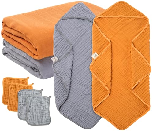 Image of Tidy and Cozy Baby Essentials Set - Muslin Cotton and Viscose Derived from Bamboo - Hooded Bath Towels, Swaddle Blankets, Wash Cloths - Extra Soft & Highly Absorbent for Newborns, Infants, Toddlers
