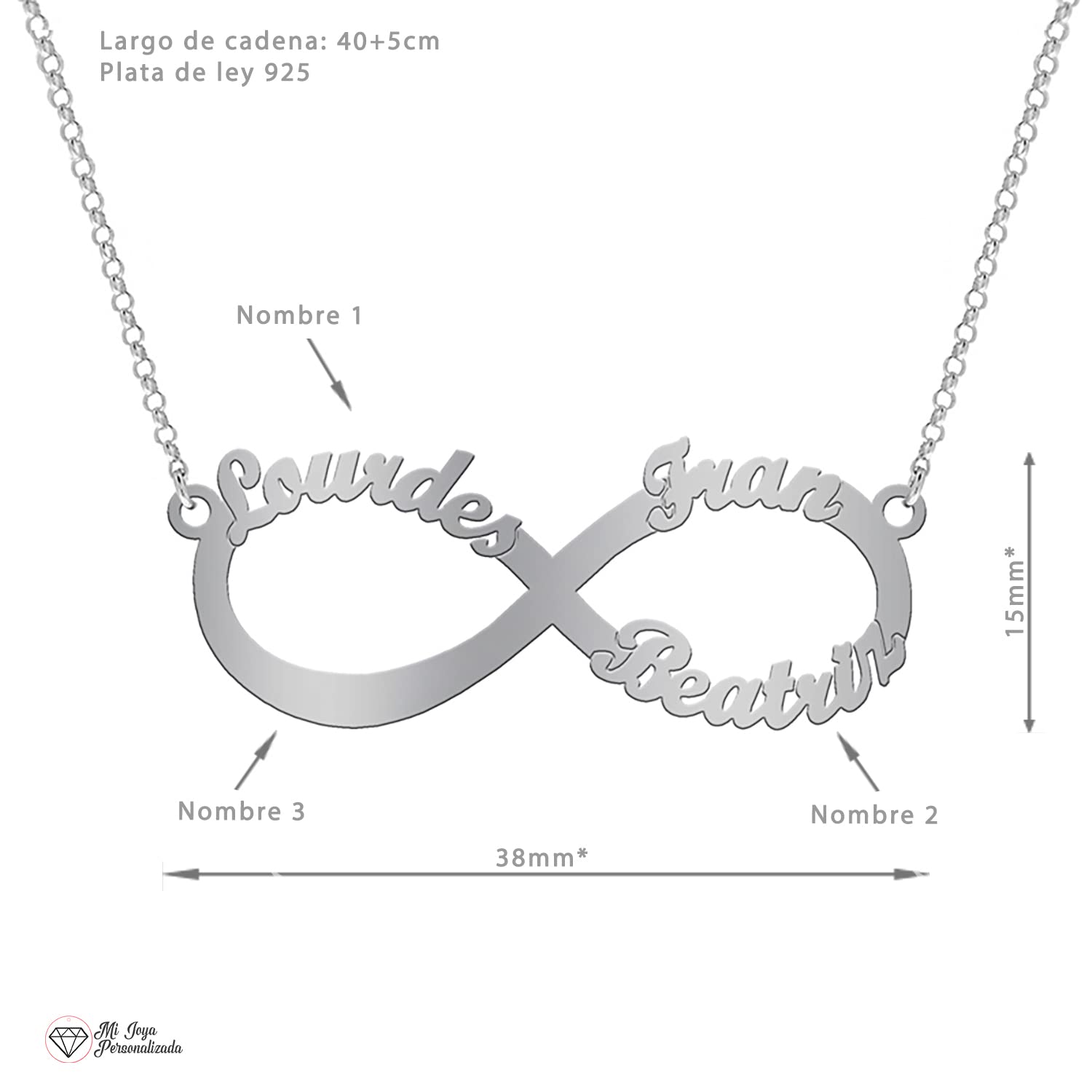 Collar Infinito personalizado plata de ley - Colgante con hasta 4 nombres - Regalo original para novia, mujer o madre donde incluir nombres de la familia