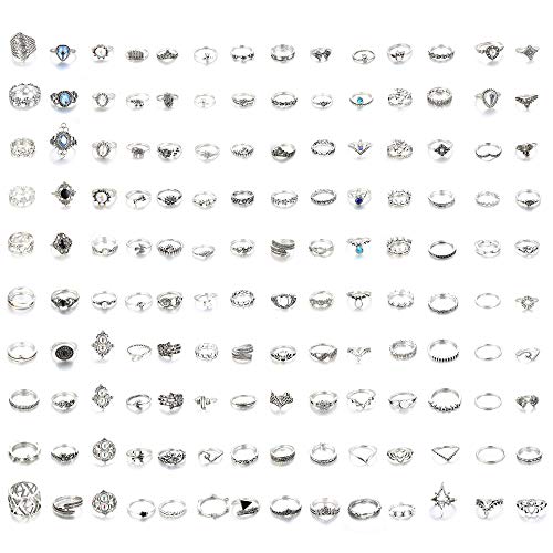 LOYALLOOK 84-130Pcs Midi Ring Bohemian Knuckle Ring Sets Fashion Finger Vintage Silver Stackable Rings for Women Knuckle Midi Rings