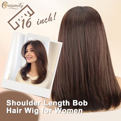 Image of Creamily Chestnut Brown 16 Inch Medium Length Wig For Women Full Head,Synthetic Straight Short Hair Wig For Woman,Natural Looking Women Wigs For Diwali /Daily /Party