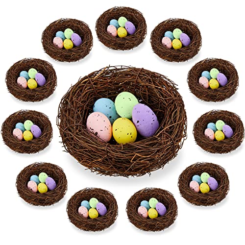 Tatuo 12 Pcs Easter Bird Nest with 60 Pcs Eggs Spring Party Decoration Handmade Miniature 4 Inch Birds Nests Decorative for DIY Spring Displays and Easter Decorations(Pale Yellow,Light Green)