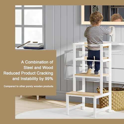 Image of INNOD Kitchen Step Stool for Toddlers, Height Adjustable Toddler Tower with Safety Rail, Steel and Wood Toddler Kitchen Stool Helper Kids, Stool for Kids, Learning Tower, Kids' Desk Wood White