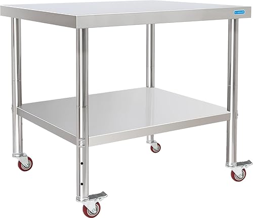 Mesa de acero inoxidable para preparación y trabajo con 4 ruedas giratorias con estante inferior de 30 x 36 pulgadas, cocina comercial de metal NSF