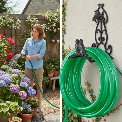 Image of HASTHIP Garden Hose Organizer Rack Cast Iron Retro Couple Bird Cut Out Decorative Garden Hose Wall Mounted Storage Holder, Metal Plant Hanger