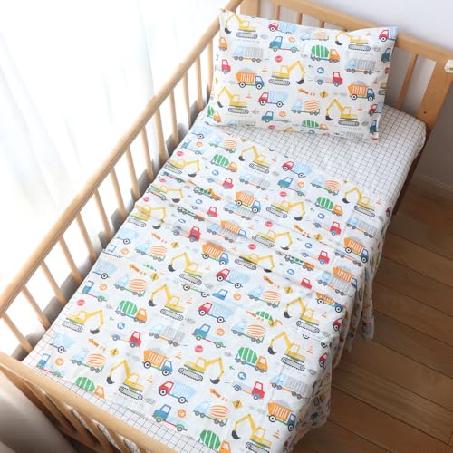 Image of 3 Pcs 100% Cotton Toddler Sheet Pillowcase Set for Boys and Girls,Include Fitted Sheet,Top Sheet and Envelope Pillowcase,Cute Cartoon Pattern,Soft Skin-Friendly Breathable(Vehicle)