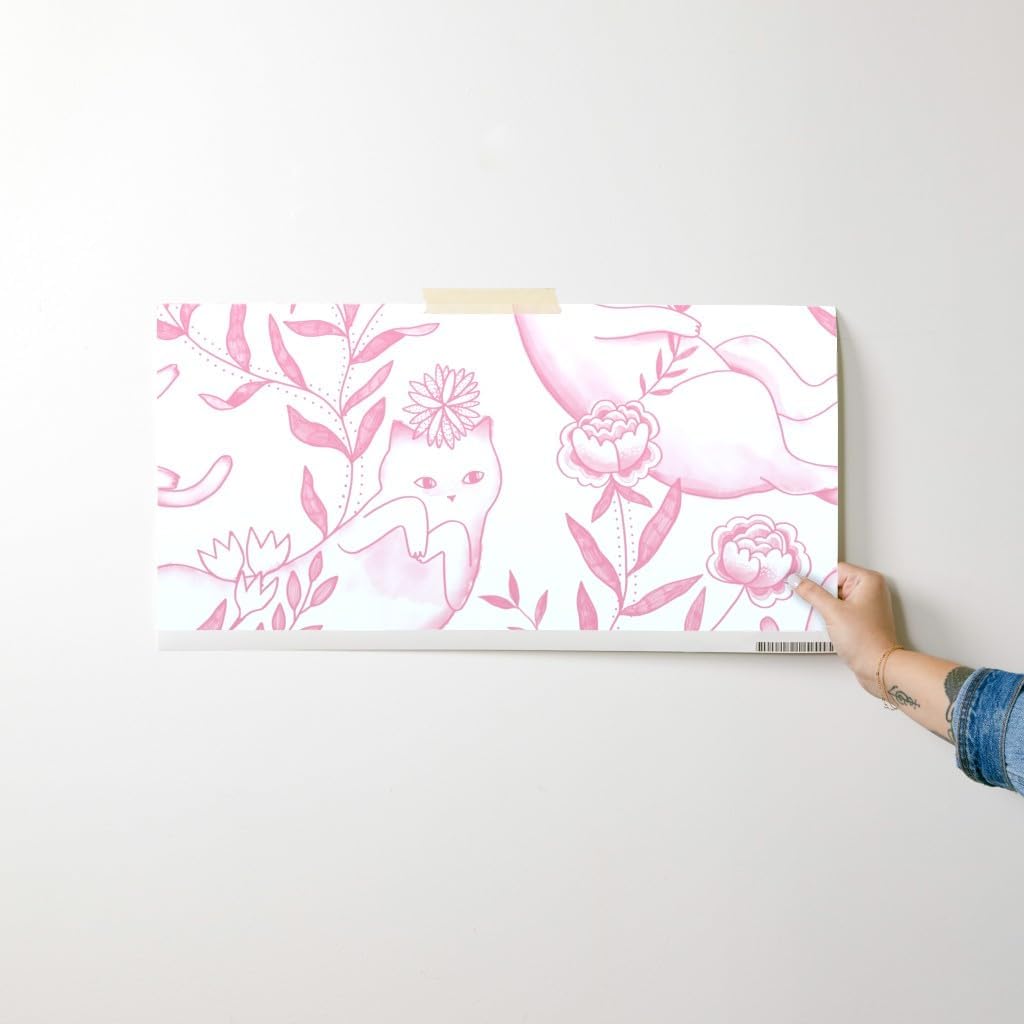 Peel & Stick Wallpaper Swatch - Toile Cats Pink Funny Kittens Custom Removable Wallpaper by Spoonflower