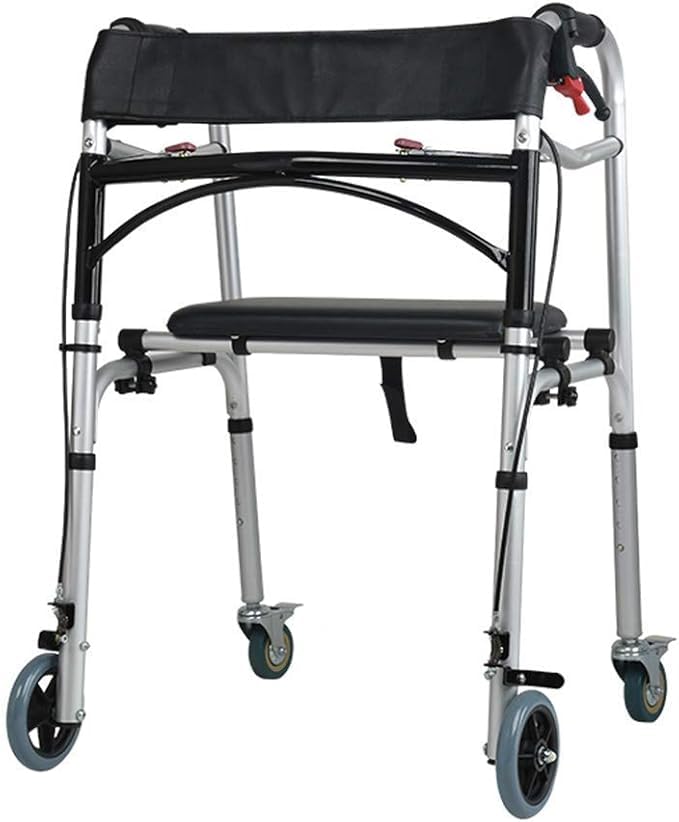 Ayuda médica plegable para caminar con ruedas de asiento y frenos de empuje adecuada para adultos y usuarios mayores, andador rodante para interiores y exteriores con múltiples ajustes ajustables para