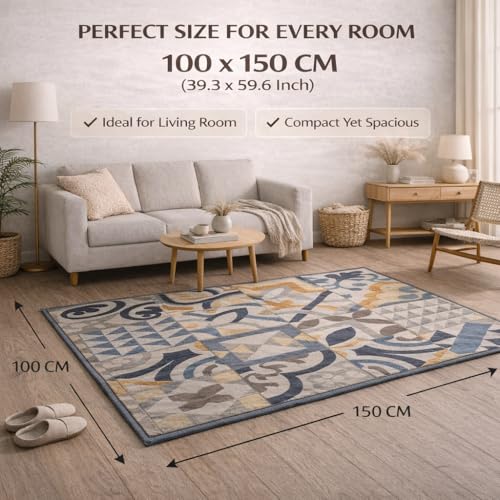 Image of Matz&More Tiles Earth Rug | 100x150 CM | Beige Pastel | Soft Nylon Loop Pile with Anti-Slip Gel Backing | Living Room, Bedroom & Office Floor Carpet