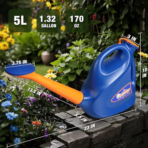 Image of WADFOW 1.32 Gallon Watering Can for Indoor & Outdoor, Watering Cans with Detachable Nozzle, Long Spout Watering Can for Indoor Plants Garden Flowers, 5L /170OZ