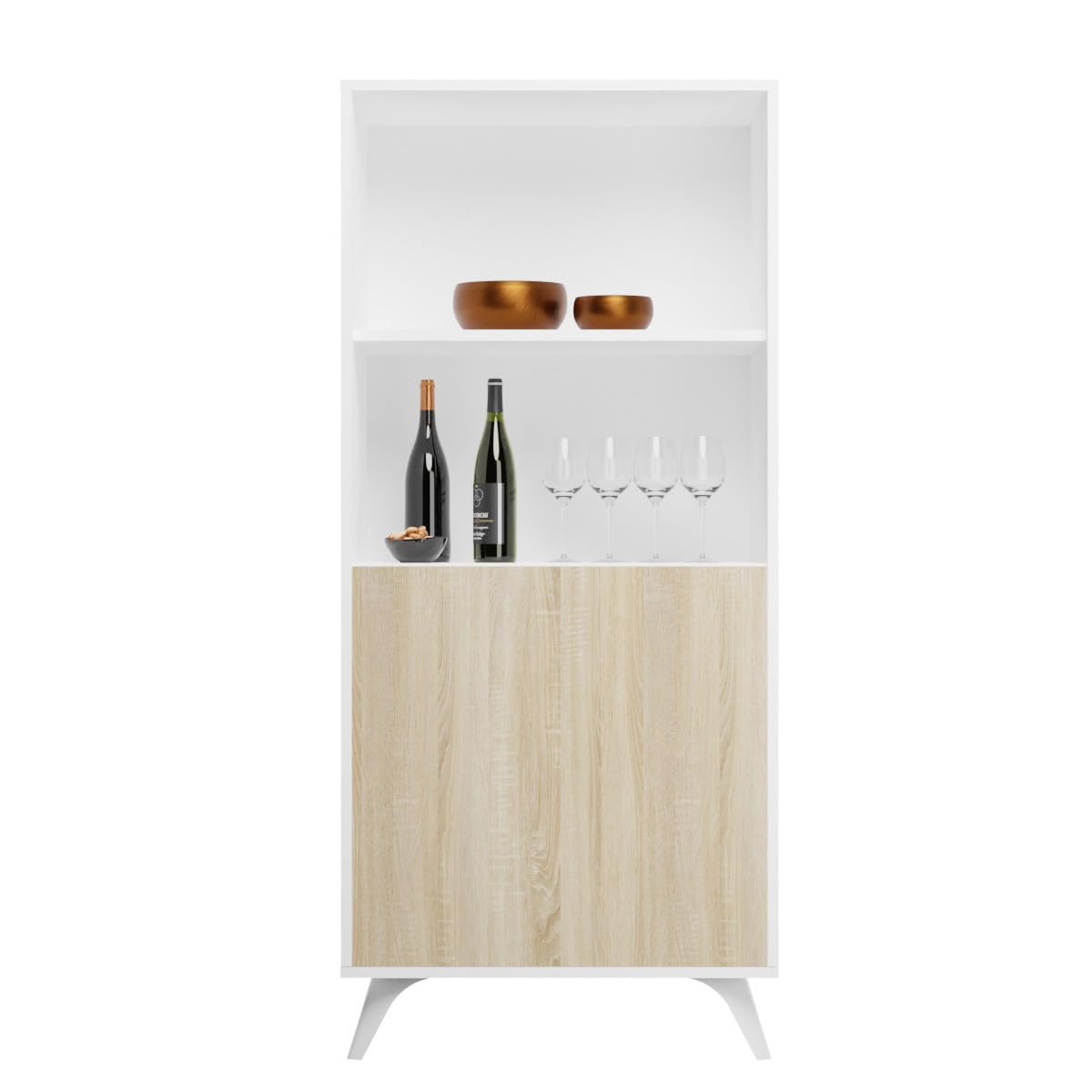 amuéblate Online - Mueble Bar para Salón o Comedor, Modelo Lotus, Práctico y Funcional, Color Blanco-Roble, Fácil de Montar, Medidas: 60 cm (Ancho) x 135 cm (Alto) x 39,6 cm (Fondo)