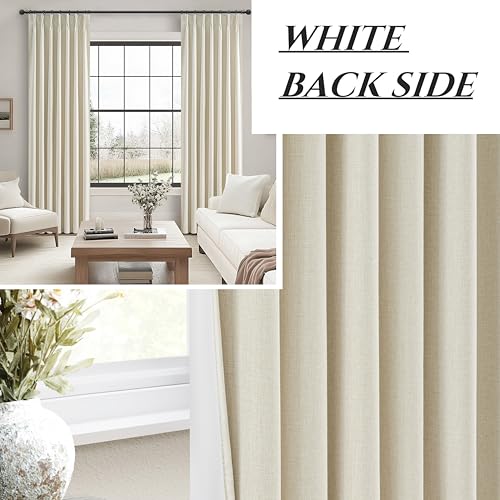 Image of Room Darkening Cream Linen Curtains 90 Inches Long for Living Room, Neutral Pinch Pleated Blackout Heavy Curtain Insulated Privacy for Bedroom 2 Panels Set Floor to Ceiling Window Drapes 40 inchW x 90 inchL
