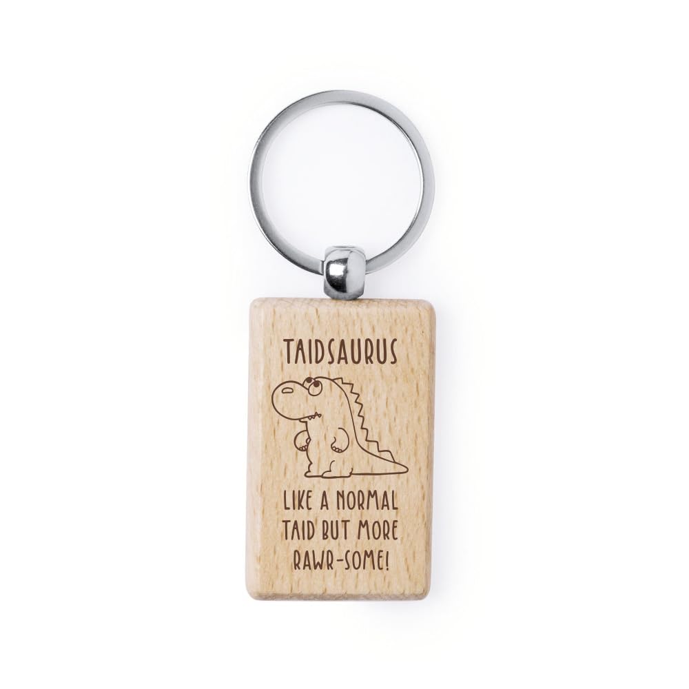 eBuyGB Taidsaurus Wooden Rectangle Keyring, Dinosaur Key Chain, Taid Birthday Gift, Present for Welsh Grandad