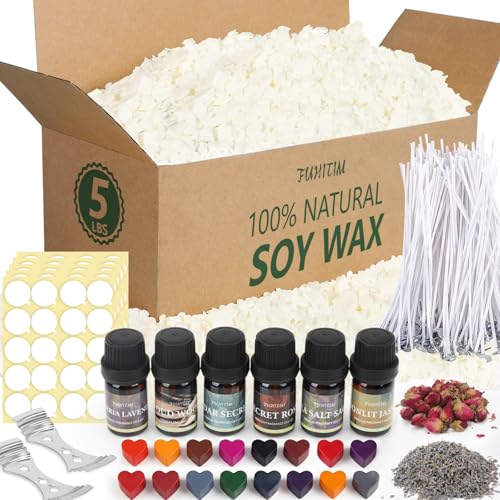 FUHITIM Soy Candle Wax Kit for Candle Making 5 lbs Bag Premium Natural Soy Wax Flakes No additives and Pure 100 Cotton Candle Wicks Fragrance Oils Dried Flowers & Pigment Colors