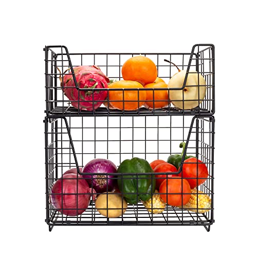 TIEYIPIN 2 Tier Metal Wire Storage Basket, Stackable Fruit Vegetable Food Baskets Cabinet Organizer Pantry Bin for Home Bathroom Kitchen Office Organization - Black